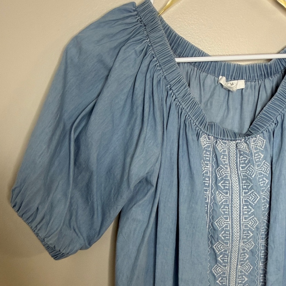 BLL New York Blue Boho Embroidered Blouse 1X 100% Lyocell Peasant Top - Picture 6 of 13
